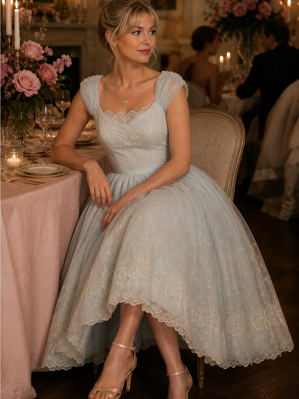 Vintage 1950s Powder Blue Embroidered Formal Party Dress Full Skirt